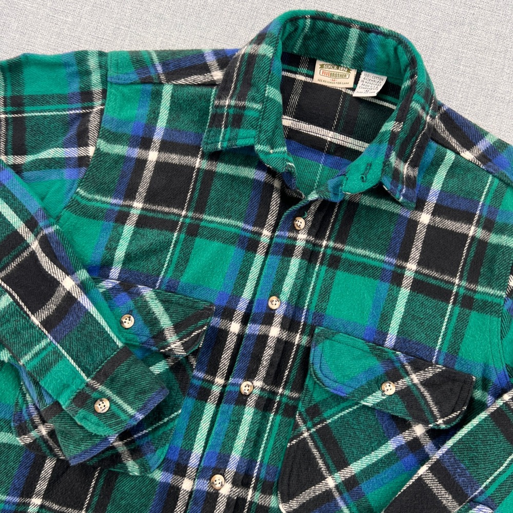 VTG Five Brother Plaid Heavy Flannel Shirt Men Medium Green Cotton Workwear